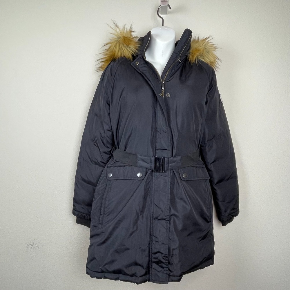Brooks Brothers Women's Sz M Black Down Puffer Coat Belted Hooded Faux Fur